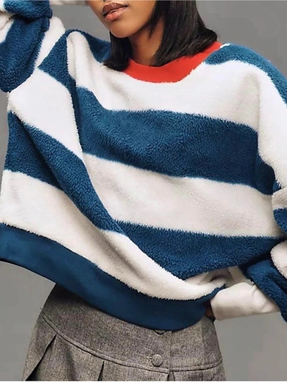 Maeve Anthropologie cotton Sherpa Striped Crewneck Sweater in Blue & White Size